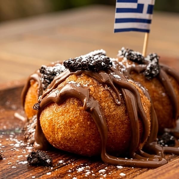 Three golden-brown Greek donuts, Loukoumades, drizzled with chocolate, powdered sugar, and cookie crumbles.