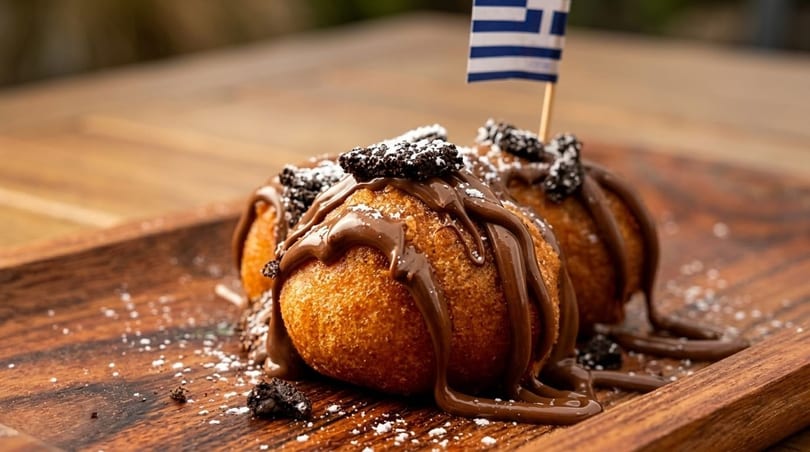 Three golden-brown Greek donuts, Loukoumades, drizzled with chocolate, powdered sugar, and cookie crumbles.