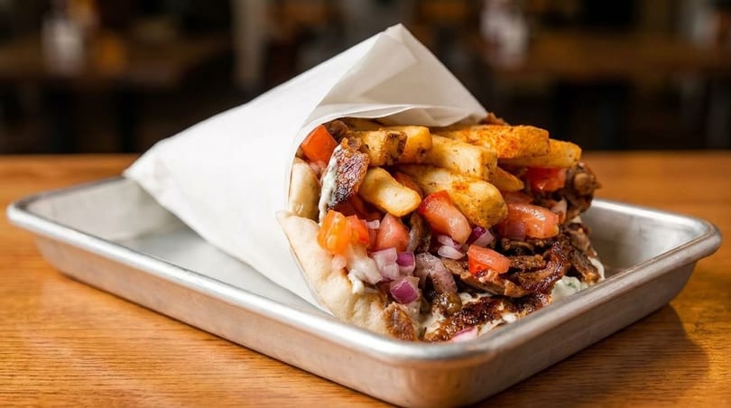 A gyros wrap filled with meat, fries, tomatoes, and onions, served on a metal tray.