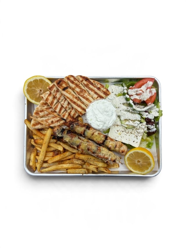 CHICKEN SOUVLAKI DINNER.